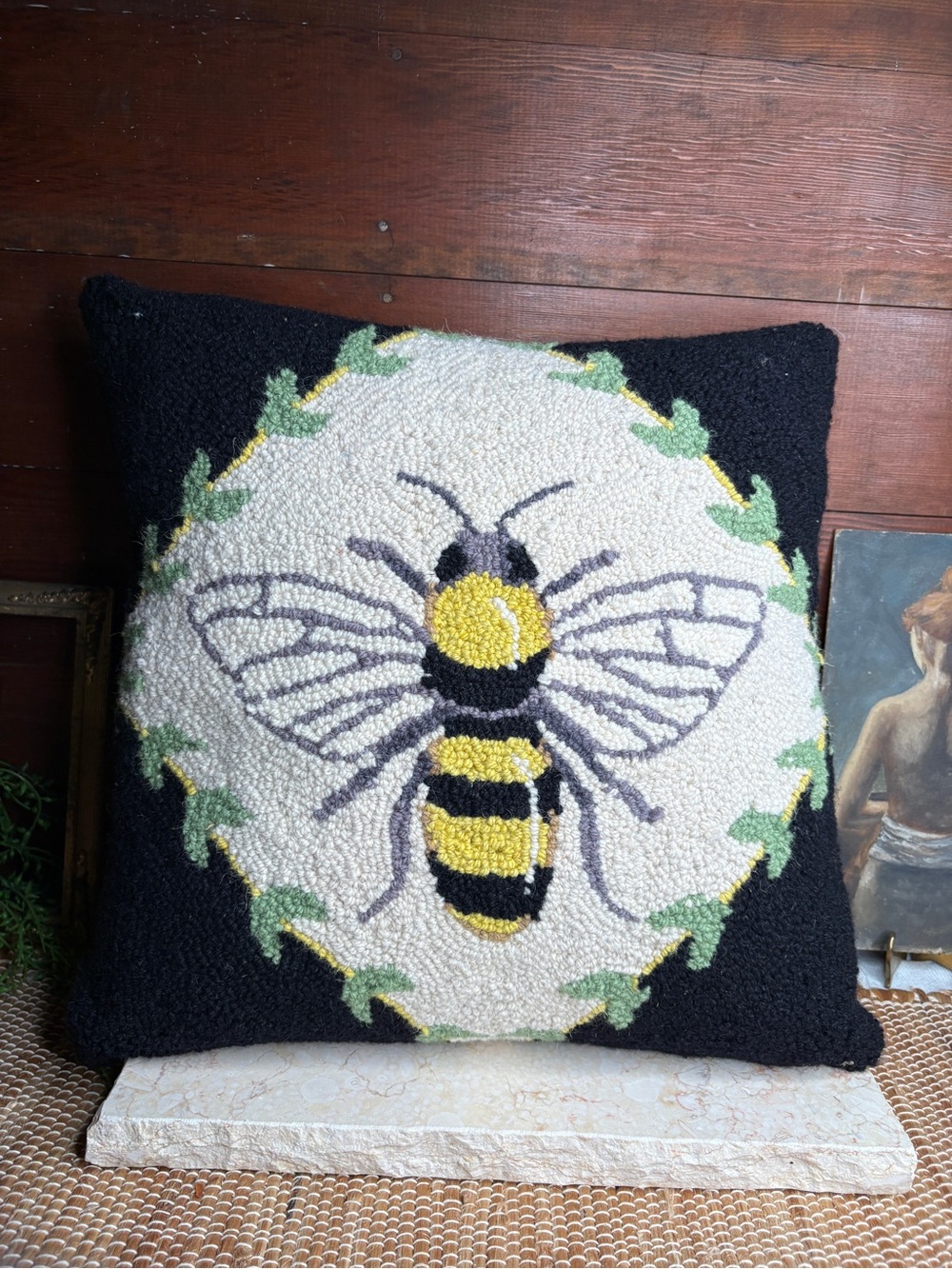 Vintage Wool Needlepoint Bumble Bee Diamond Throw Pillow 18" x 18"